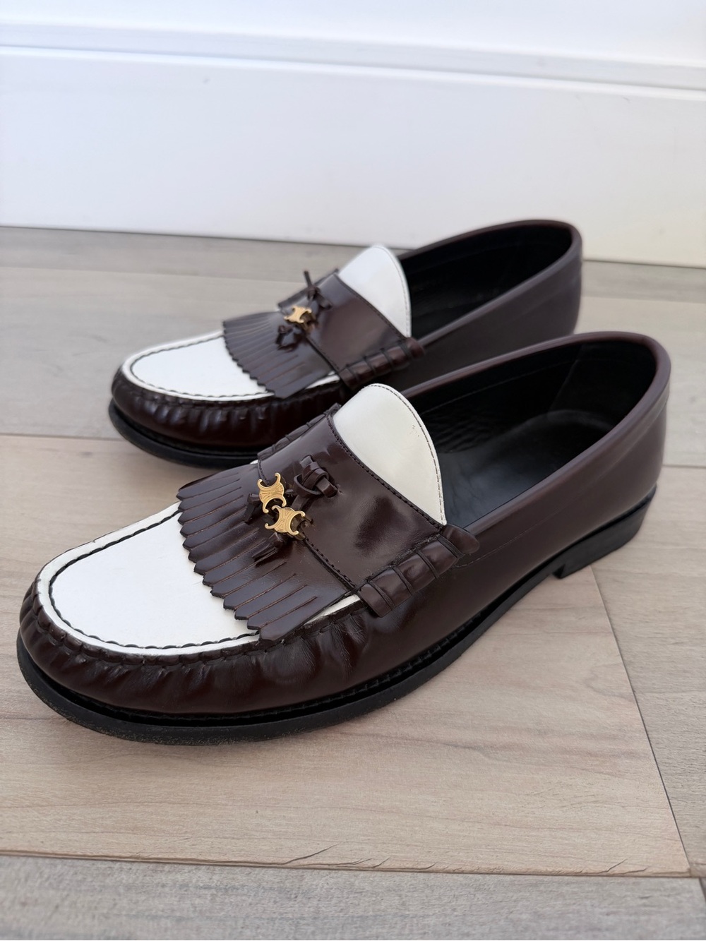 Celine White and Dark Brown Leather Kiltie Loafers